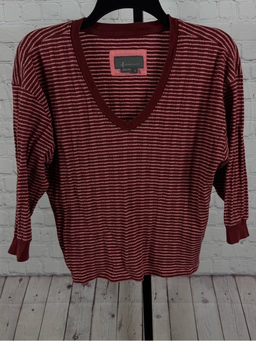 Anthropologie Hannah Red and Pink Striped 3/4 Length Sleeves Top Size Small